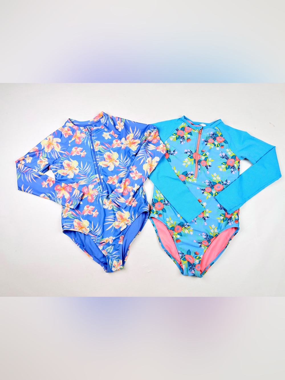 Set Of Two Tropical Long Sleeved Girls Surf Rash Guard Swim Suits XL 14-16